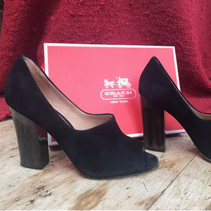Coach black suede open-toe heels